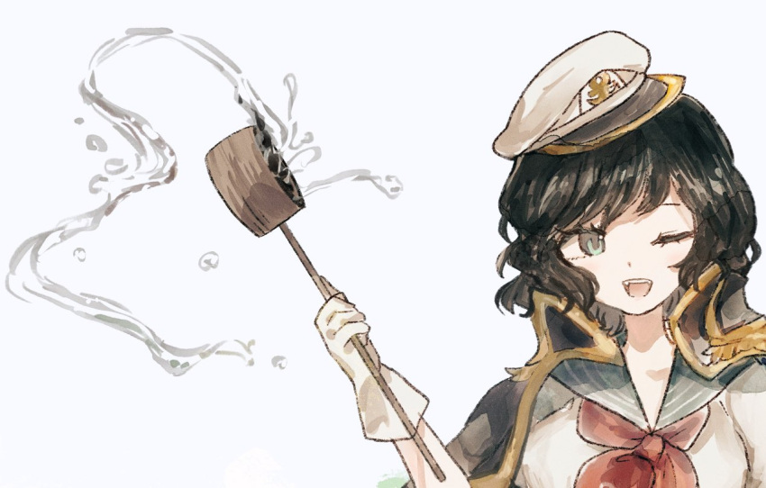 1girl, ;d, anchor_symbol, black_hair, commentary_request, gloves, green_eyes, hat