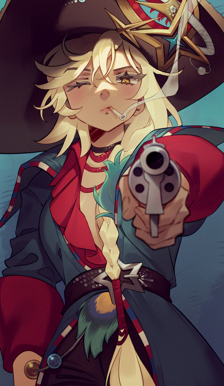 1girl, absurdres, aiming, aiming_at_viewer, argus_(reverse:1999), bicorne, black_hat, blonde_hair, blue_background, blue_jacket, cigarette, gun, hat, highres, holding, holding_cigarette, holding_gun, holding_weapon, jacket, long_braid, long_hair, looking_at_viewer, mouth_hold, one_eye_closed, outstretched_arm, reverse:1999, revolver, smoke, smoking, solo, takiminada, upper_body, weapon, yellow_eyes