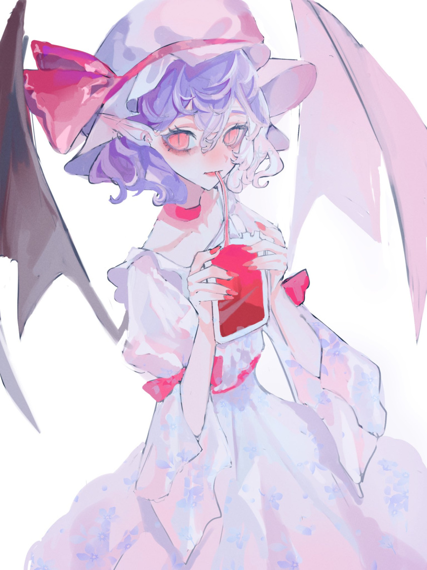 1girl, ascot, bat_wings, blood, blood_bag, blue_hair, bow, choker