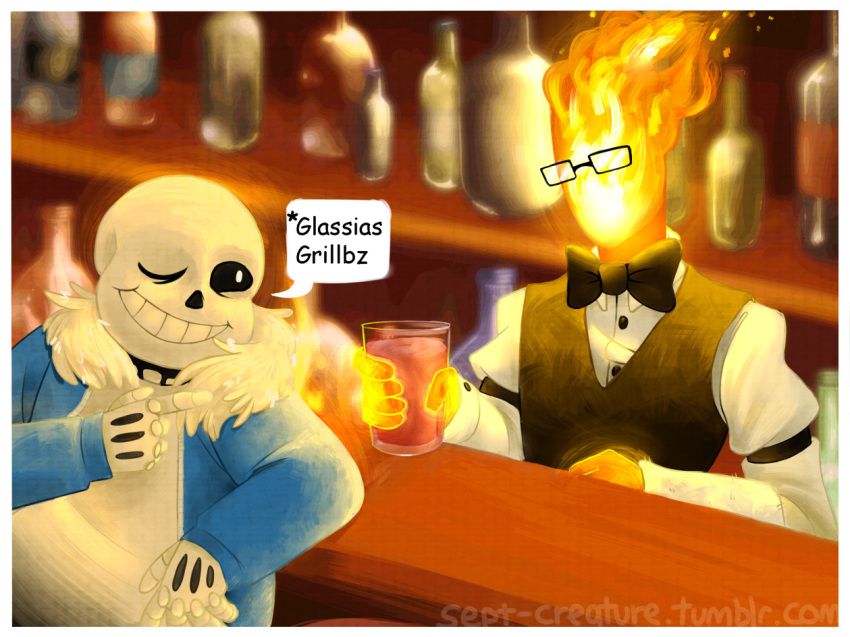 2015, 2boys, 2d, artist_name, bar_(place), bartender, black_bowtie, black_shorts