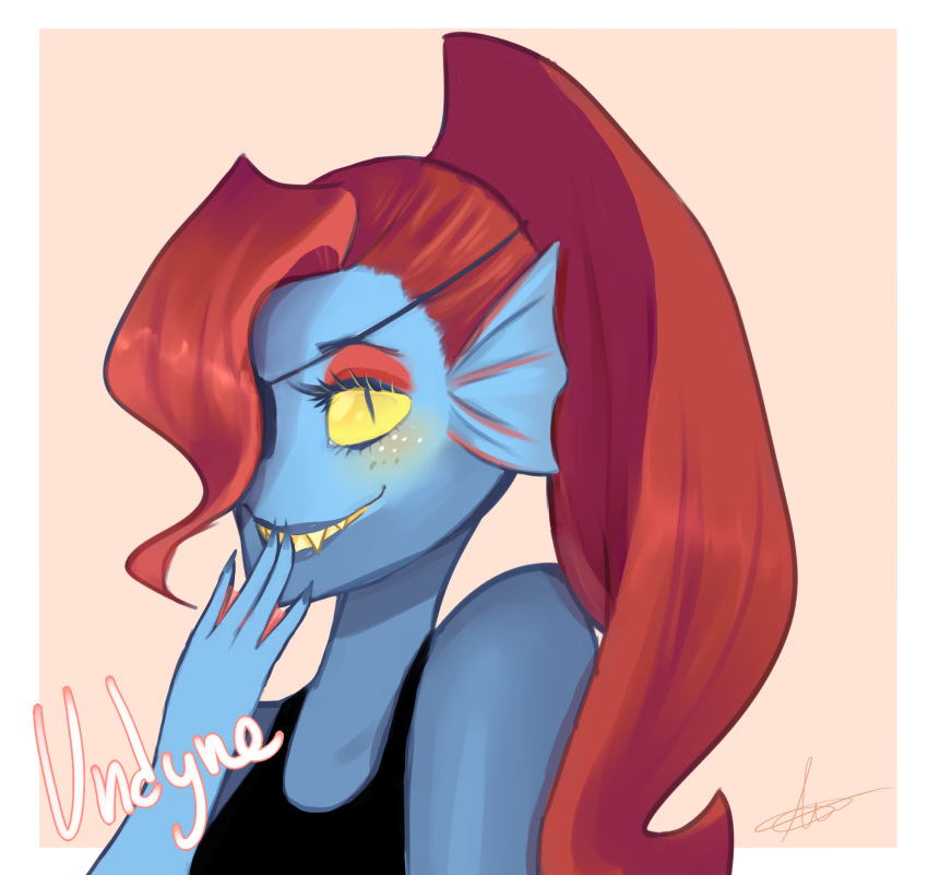 1girl, 2015, 2d, amysweetwolf, anthro, black_eyepatch, black_tank_top, blue_skin