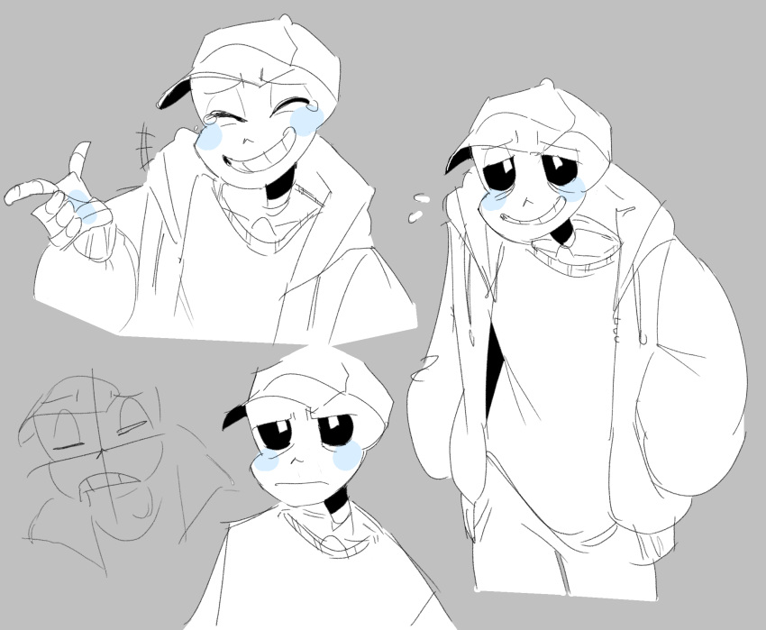 +++, 1boy, 2020, 2d, baseball_cap, closed_eyes, coyoteplaza, cropped_legs, cropped_torso, digital_media, flying_sweatdrops, grey_background, hat, highres, hood, hood_down, hooded_jacket, humanoid, inactive_account, jacket, laughing, male, male_focus, male_only, monochrome, monster, monster_boy, multiple_views, open_clothes, open_jacket, sans_(undertale), shirt, shorts, simple_background, skeleton, solo, tears, teeth, third-party_source, undead, undertale, utdr_(toby_fox)