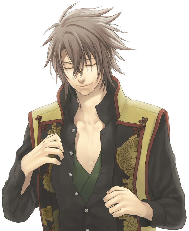 brown_hair, chest, closed_eyes, eyes_closed, hakuouki_shinsengumi_kitan, male, minato_(robin), okita_souji_(hakuouki)