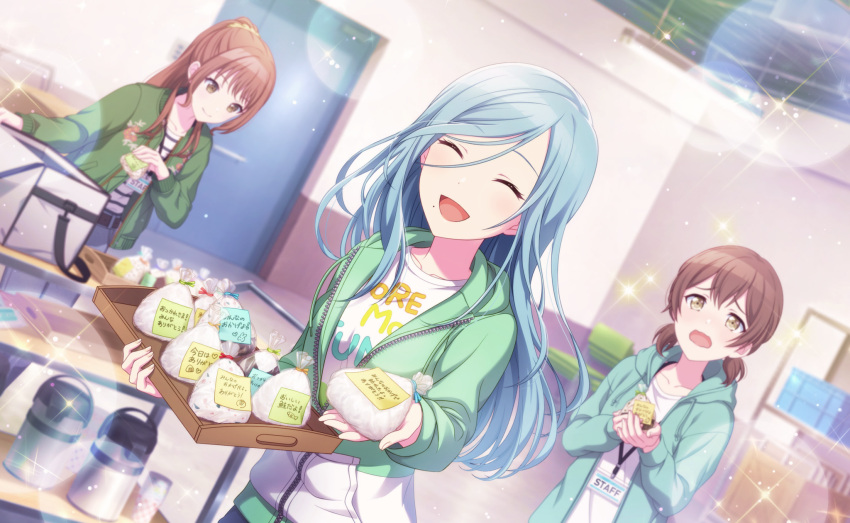 3girls, :d, ^_^, blue_hair, blurry, bokeh, brown_eyes, brown_hair