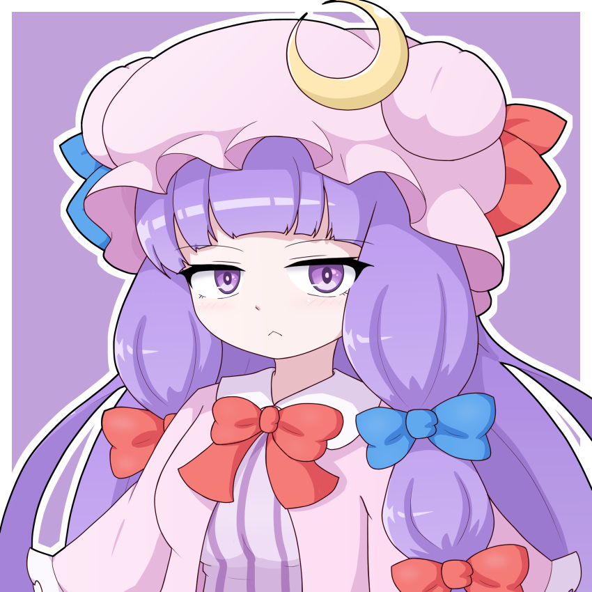 1girl, :<, blue_bow, blue_ribbon, bow, bowtie, breasts, capelet, closed_mouth, commentary_request, hair_bow, hat, hat_ribbon, highres, long_hair, looking_at_viewer, m9_mukyuu, mob_cap, partial_commentary, patchouli_knowledge, purple_hair, red_bow, red_ribbon, ribbon, simple_background, solo, striped_clothes, touhou, upper_body, vertical-striped_clothes, violet_eyes