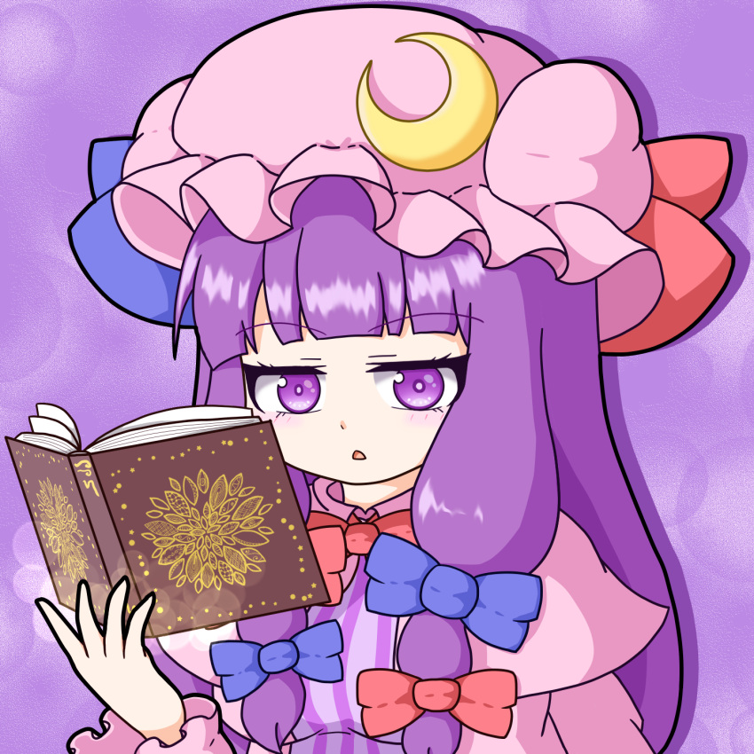 1girl, blue_bow, blue_ribbon, book, bow, breasts, capelet, chestnut_mouth, commentary_request, crescent, crescent_hat_ornament, hair_bow, hat, hat_ornament, hat_ribbon, highres, long_hair, looking_at_viewer, m9_mukyuu, mob_cap, open_book, parted_lips, partial_commentary, patchouli_knowledge, purple_background, purple_hair, red_bow, red_ribbon, ribbon, solo, striped_clothes, touhou, upper_body, vertical-striped_clothes, very_long_hair, violet_eyes