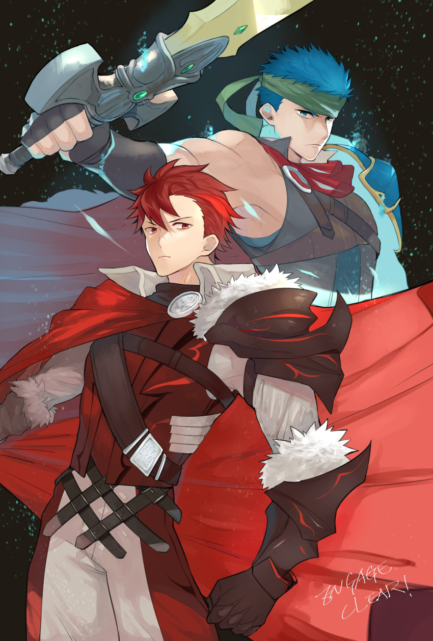 2boys, absurdres, aper, armor, blue_eyes, blue_hair, cape, commentary