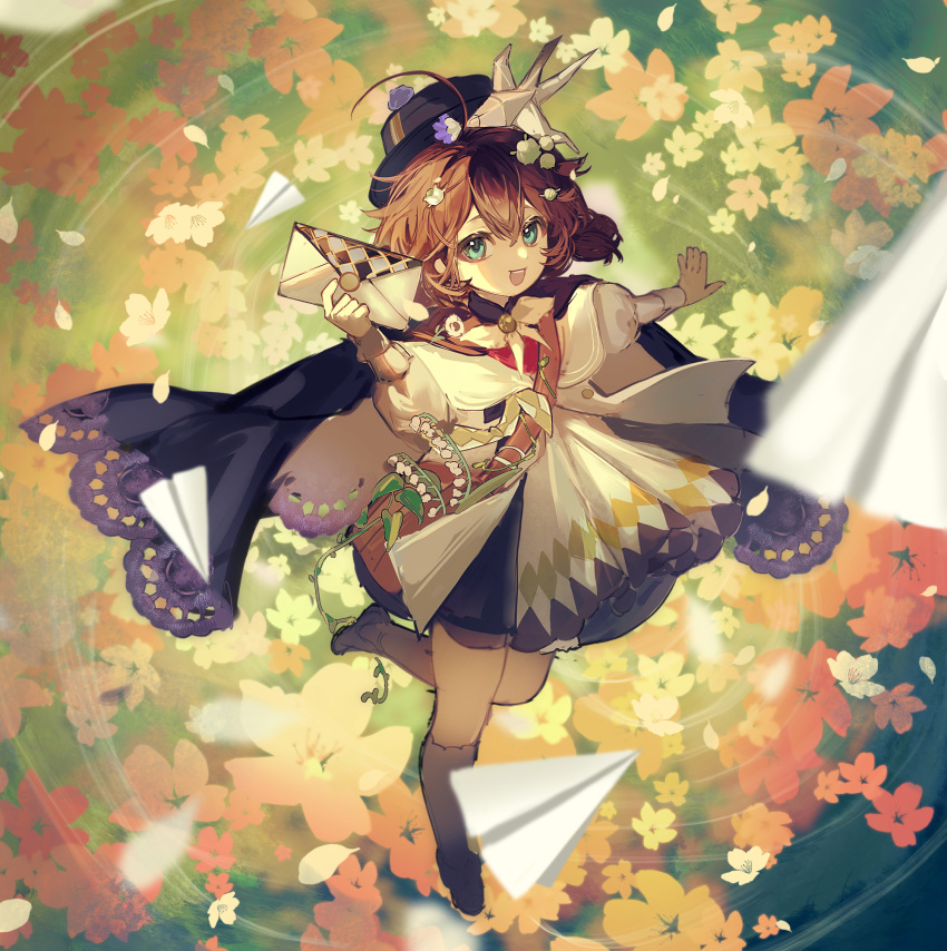 1girl, :d, ahoge, bag, bird_hair_ornament, black_cape, black_hat, black_shoes
