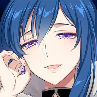 1boy, :d, androgynous, asukai_fujihiko, blue_hair, close-up, dairoku_ryouhei, earrings, fur_trim, hair_between_eyes, half-closed_eyes, jewelry, l_(matador), long_hair, looking_at_viewer, lowres, male_focus, pink_lips, portrait, single_sidelock, smile, solo, tucking_hair, violet_eyes