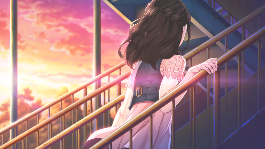 1girl, belt_buckle, belted_vest, blue_vest, blurry, blurry_background, brown_hair, buckle, casual, clouds, day, denim_vest, dress, fingernails, floating_clothes, floating_hair, floral_print, from_behind, fukuda_tomonori, game_cg, hand_on_railing, highres, long_hair, non-web_source, official_art, outdoors, pink_dress, robotics;notes, robotics;notes_dash, senomiya_akiho, short_sleeves, sky, solo, standing, sunlight, sunset, vest