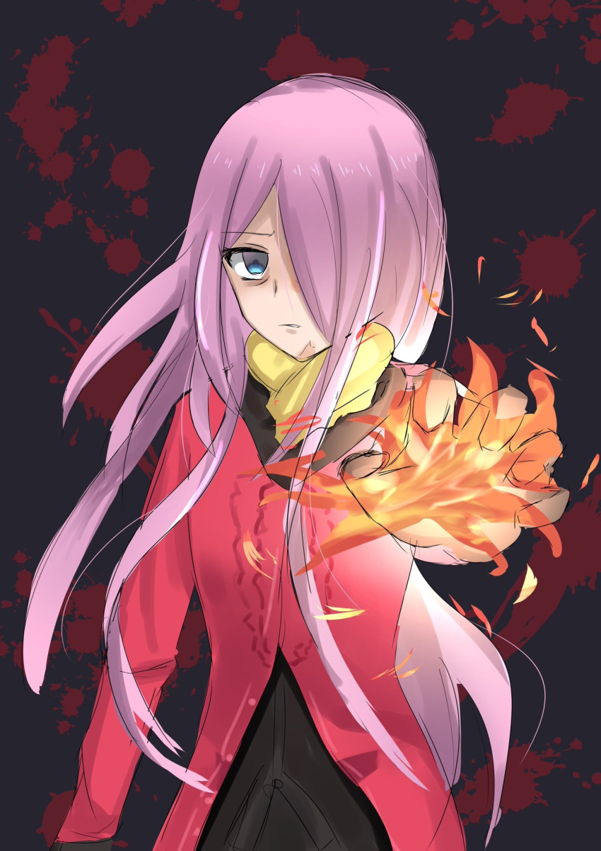 1girl, arrivederci_r, blood, blood_splatter, blue_eyes, chaos;child, coat, fire, gloves, haida_riko, hair_over_one_eye, highres, jacket, long_hair, looking_at_viewer, pink_hair, pyrokinesis, red_jacket, scar, scar_on_chin, scar_on_face, scarf, solo, sparks, very_long_hair