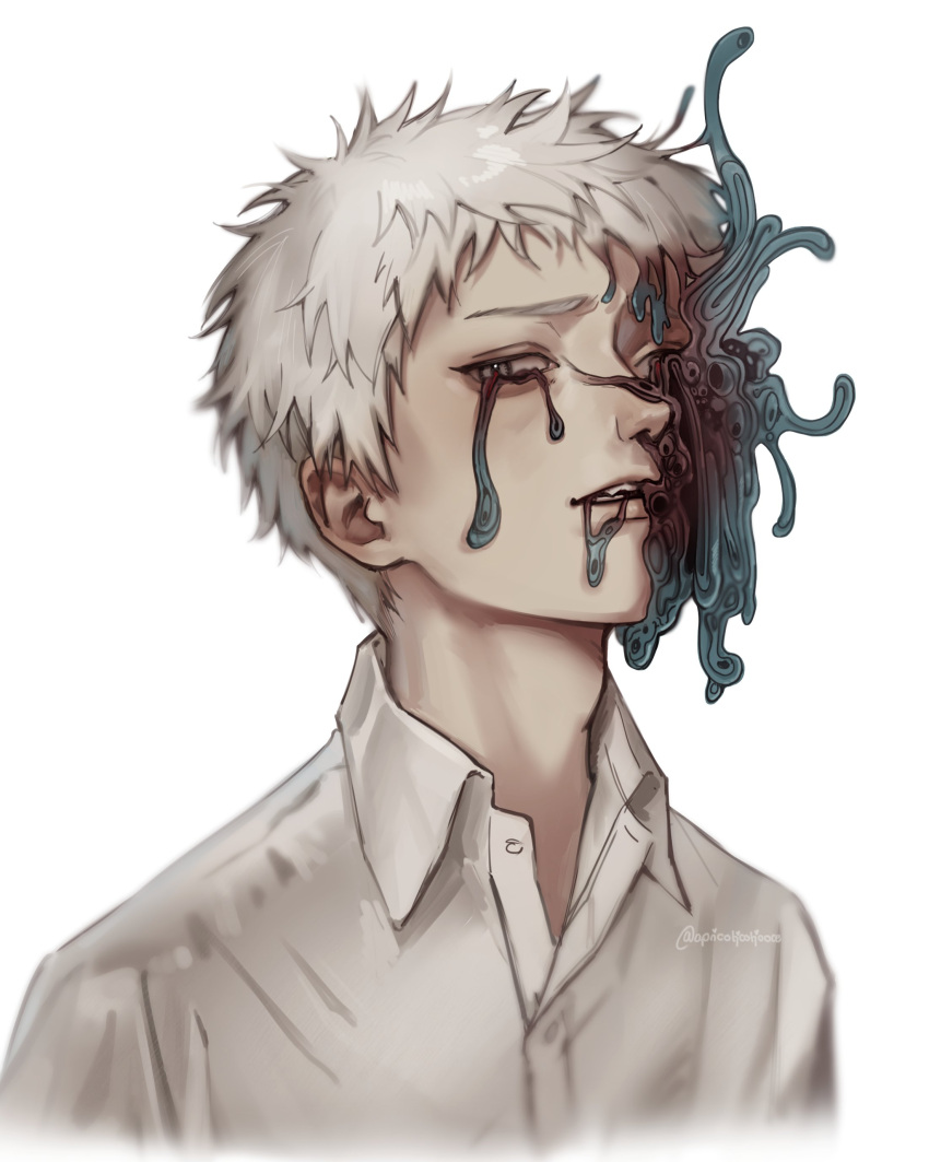 1boy, absurdres, apricotjooce, body_horror, buttons, collared_shirt, cropped_torso, highres