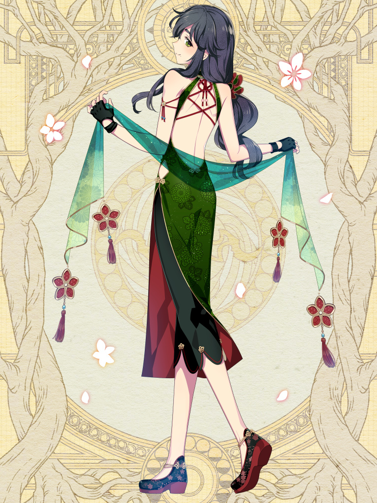 1boy, ankle_strap, arm_ribbon, back, backless_dress, backless_outfit, bare_arms, bare_shoulders
