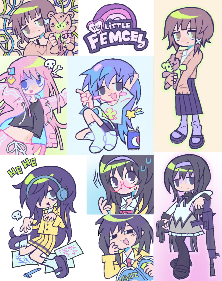 5girls, akemi_homura, akemi_homura_(magical_girl), alternate_costume, bocchi_the_rock!, compilation, crossover, femcel, gotoh_hitori, hair_ornament, hairband, highres, holding, holding_stuffed_toy, hololive, hololive_english, iwakura_lain, izumi_konata, kuroki_tomoko, logo_parody, lucky_star, magical_girl, mahou_shoujo_madoka_magica, melps, multiple_crossover, multiple_girls, my_little_pony, pepsi, serial_experiments_lain, skull_hair_ornament, stuffed_toy, watashi_ga_motenai_no_wa_dou_kangaetemo_omaera_ga_warui!