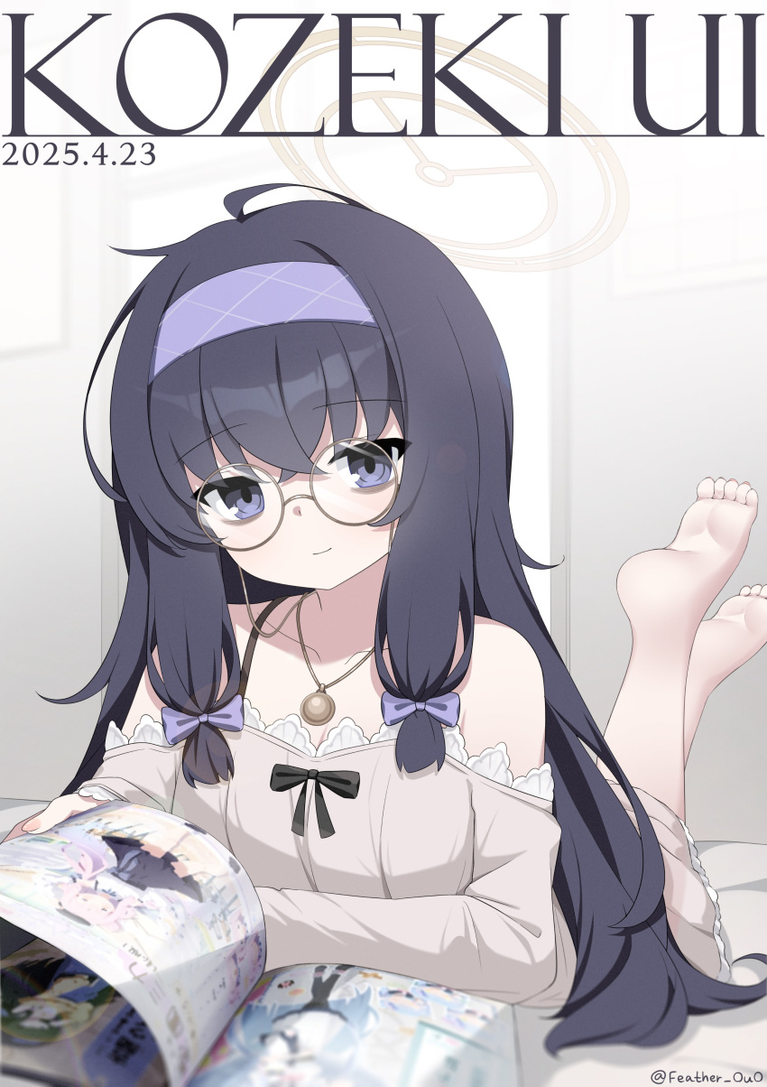 1girl, 2025, absurdres, ahoge, alternate_costume, bags_under_eyes, bare_shoulders, barefoot