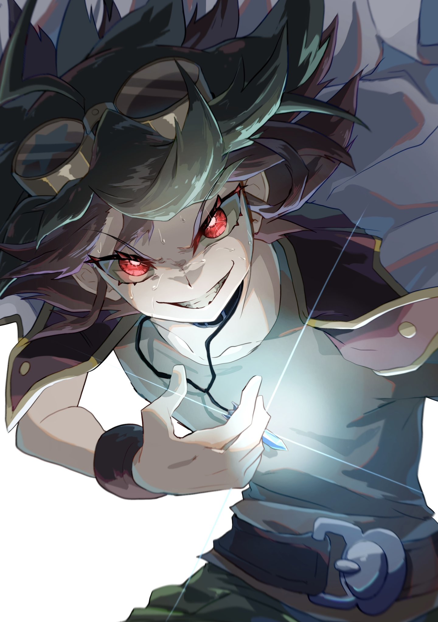 1boy, cowboy_shot, glowing, glowing_eyes, goggles, goggles_on_head, green_hair, grey_background