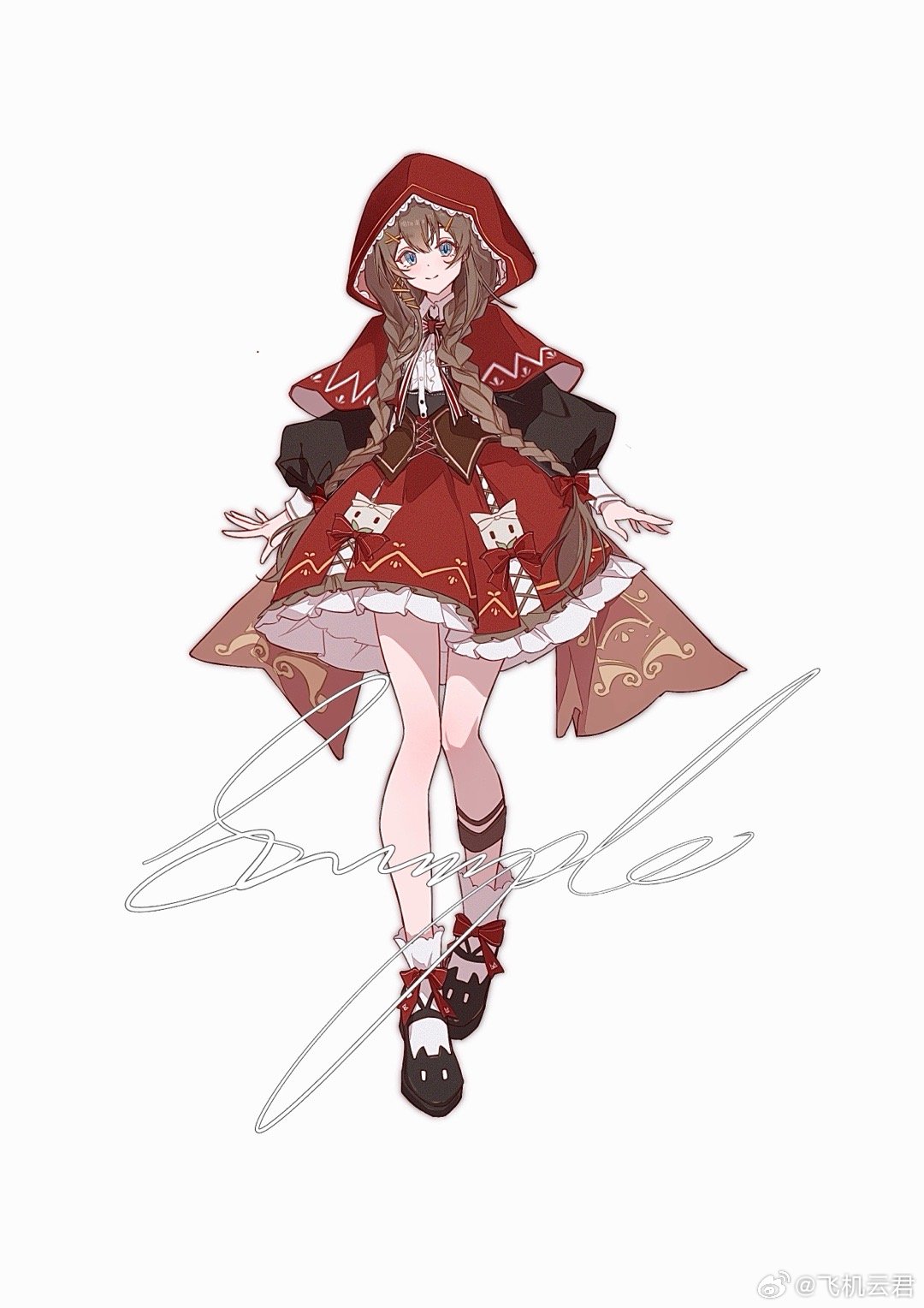 1girl, animal_ear_footwear, ankle_bow, back_bow, black_shoes, black_sleeves, blue_eyes, bow, bow_skirt, bowtie, brown_corset, brown_hair, buttons, capelet, center_frills, chinese_commentary, closed_mouth, cloudyman, collared_shirt, commentary_request, commission, corset, cross-laced_clothes, cross-laced_skirt, dot_nose, frilled_hood, frilled_skirt, frills, full_body, hair_between_eyes, hair_bow, hair_ornament, hair_over_shoulder, hair_ribbon, happy, highres, hood, hood_up, hooded_capelet, knees, light_blush, little_red_riding_hood_(fairy_tale), little_red_riding_hood_(fairy_tale_character), long_hair, long_sleeves, looking_at_viewer, low_twintails, mary_janes, miniskirt, orange_ribbon, original, pleated_skirt, pocket, puffy_long_sleeves, puffy_sleeves, red_bow, red_bowtie, red_capelet, red_skirt, ribbon, sample_watermark, shirt, shoes, simple_background, skirt, smile, socks, solo, standing, striped_bow, striped_bowtie, striped_clothes, tachi-e, tareme, tress_ribbon, twintails, very_long_hair, watermark, weibo_watermark, white_background, white_shirt, white_socks, x_hair_ornament