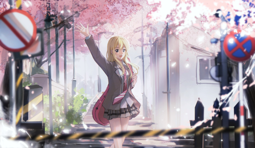 1girl, absurdres, arm_up, bare_legs, blonde_hair, blue_sky, blurry, blurry_foreground