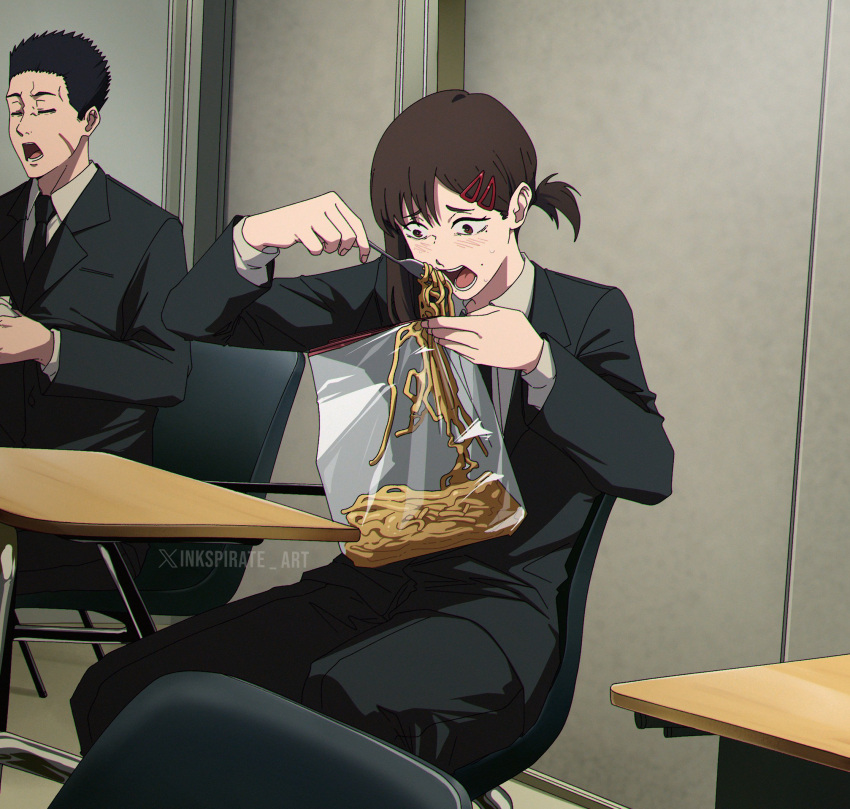1boy, 1girl, artist_name, bag, black_necktie, black_suit, brown_hair, chainsaw_man