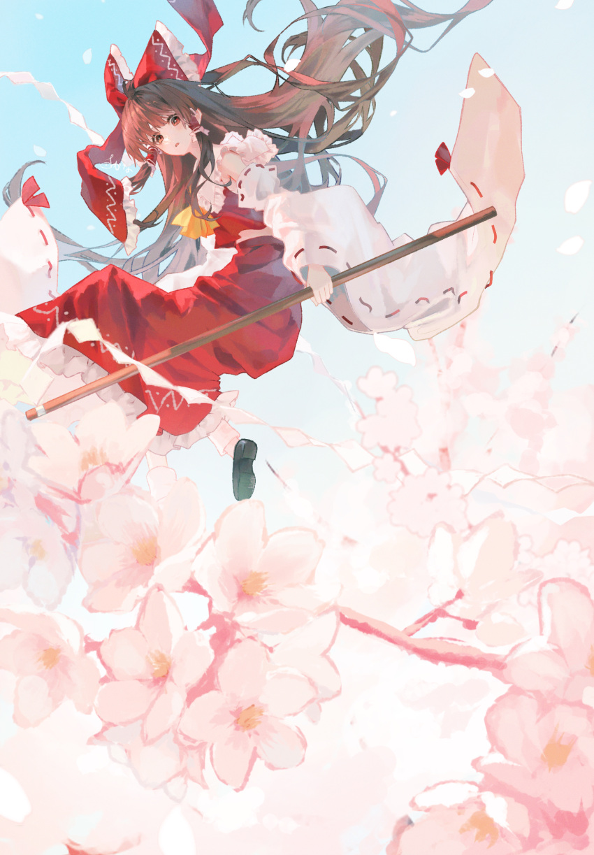 1girl, ascot, black_shoes, blue_background, bow, branch, bright_pupils, brown_eyes