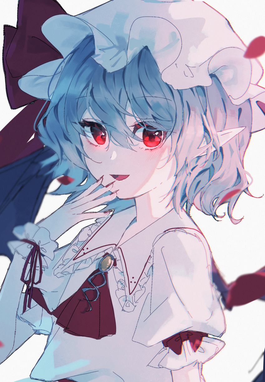 1girl, ascot, blue_hair, blurry, bow, collar, falling_petals, fingernails