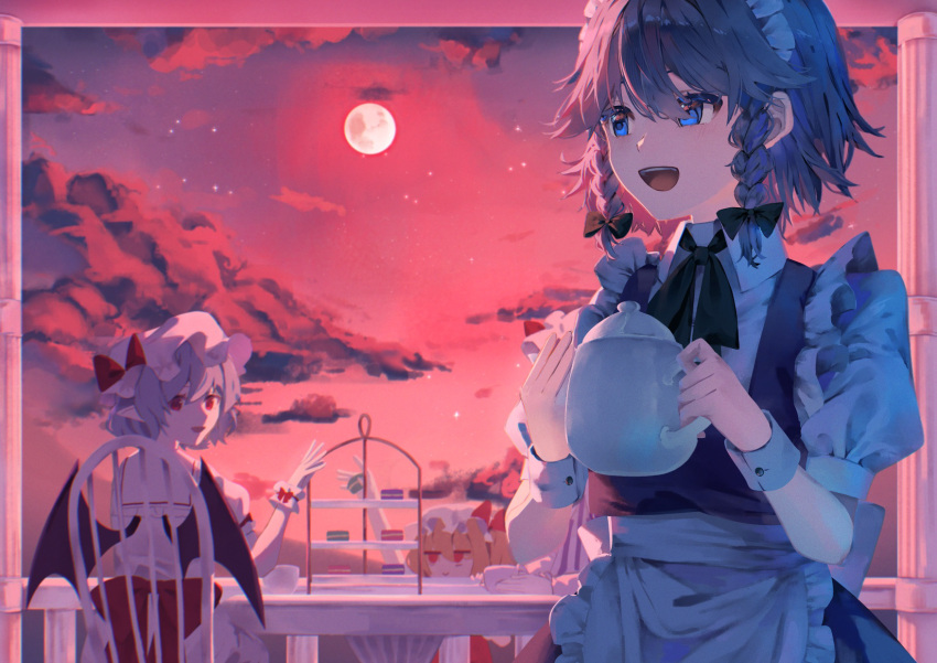 4girls, apron, balcony, bat_wings, blonde_hair, blue_dress, blue_eyes, blurry, bow, braid, chair, clouds, cup, depth_of_field, dessert, dress, flandre_scarlet, food, food_theft, full_moon, green_bow, grey_hair, hat, highres, holding, holding_cup, holding_teapot, izayoi_sakuya, jitome, looking_back, macaron, maid, maid_apron, maid_headdress, mob_cap, moon, multiple_girls, night, osakana_(0519_sakana), patchouli_knowledge, pink_dress, purple_dress, railing, red_bow, red_eyes, red_moon, red_ribbon, red_sky, remilia_scarlet, ribbon, short_hair, short_sleeves, side_ponytail, sky, smug, star_(sky), stone_pillar, striped_clothes, striped_dress, table, teapot, tiered_tray, touhou, twin_braids, wings