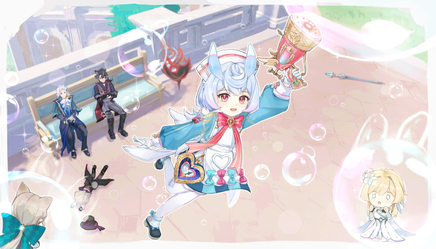 3boys, 3girls, absurdres, animal_ears, apron, aqua_bow, argyle_bow, ascot