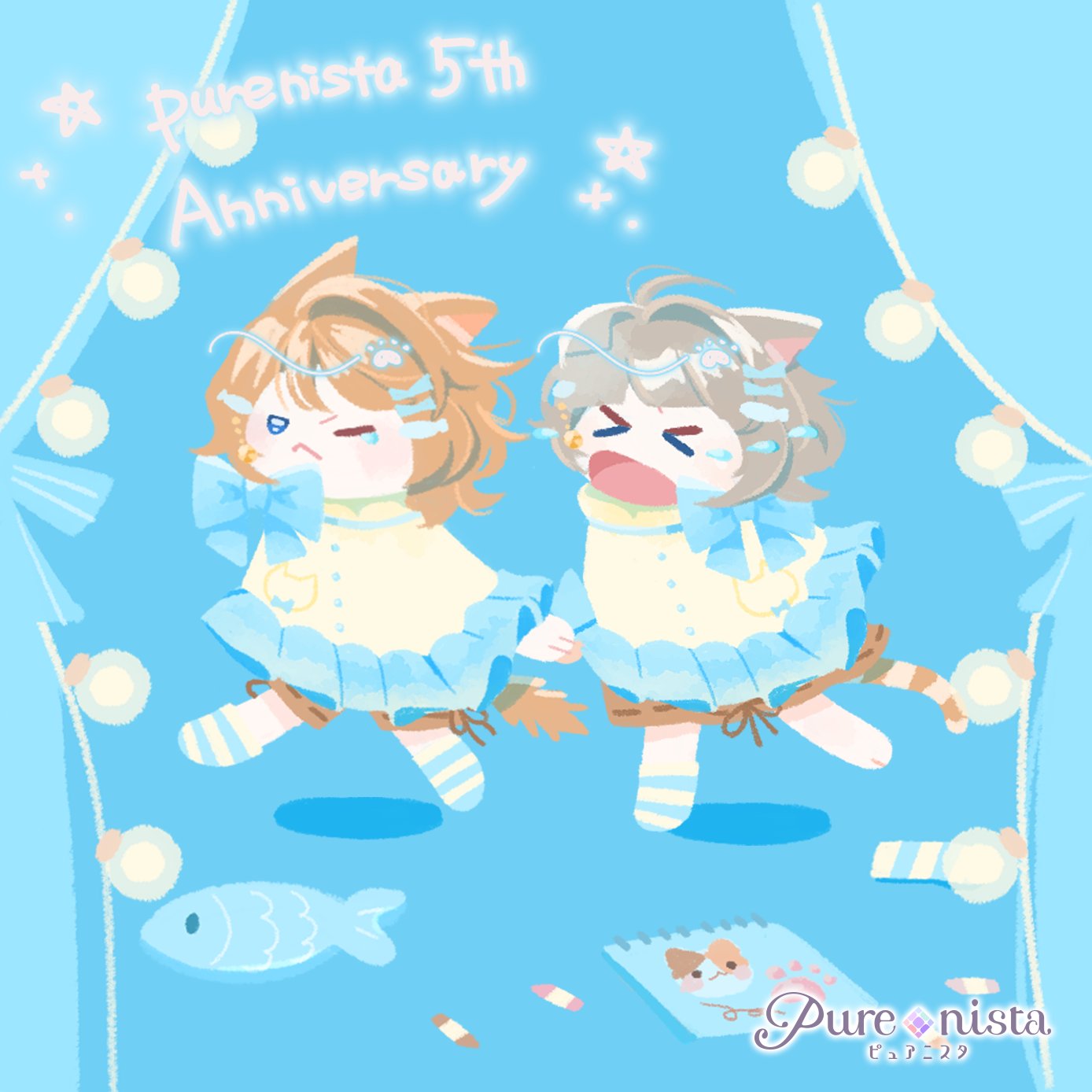 >_<, 1boy, 1girl, ;<, animal_ears, blue_background, blue_bow, bow