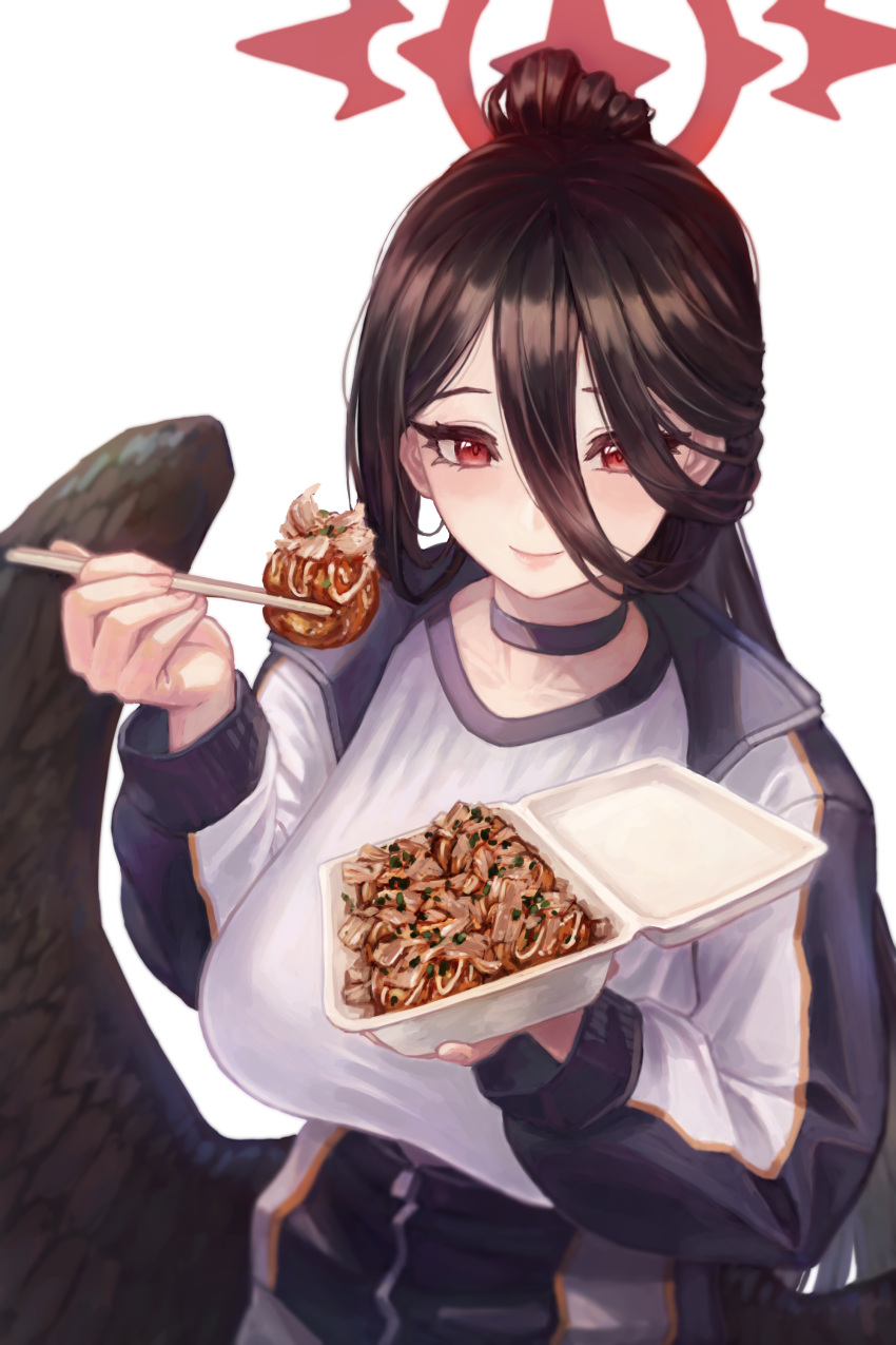 1girl, absurdres, black_hair, black_wings, blue_archive, blue_choker, blue_jacket, blush