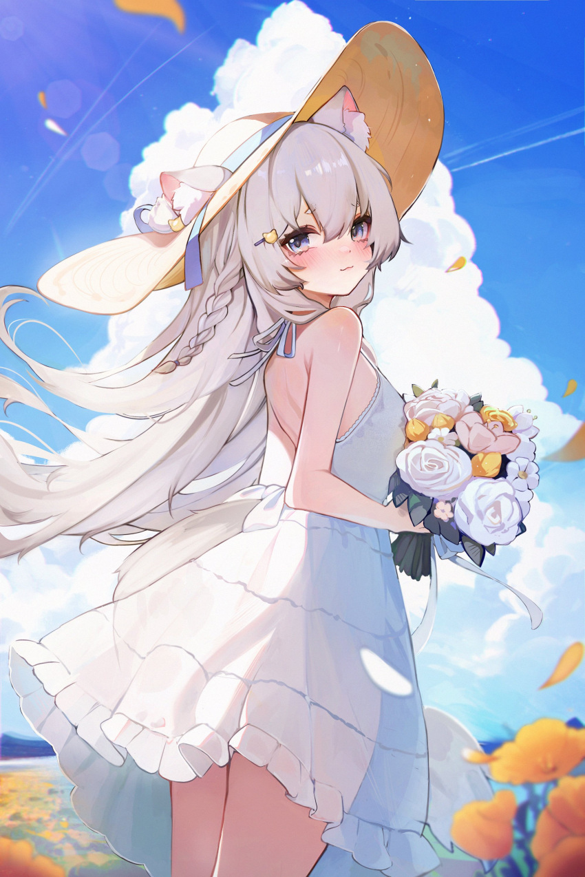 1girl, absurdres, animal_ear_fluff, animal_ears, backless_dress, backless_outfit, bare_shoulders, blue_eyes, blue_sky, bouquet, braid, cat_ears, cat_girl, cat_tail, cweamcat, day, double-parted_bangs, dress, ears_through_headwear, english_commentary, floating_hair, flower, from_behind, grey_hair, hair_ornament, hairclip, halterneck, hat, hat_ribbon, highres, holding, holding_bouquet, indie_virtual_youtuber, koahri, light_blush, long_hair, looking_at_viewer, outdoors, ribbon, second-party_source, see-through_clothes, see-through_dress, side_braid, sidelocks, sky, solo, straw_hat, sundress, tail, tail_through_clothes, tears, very_long_hair, virtual_youtuber, white_dress, wind, wind_lift