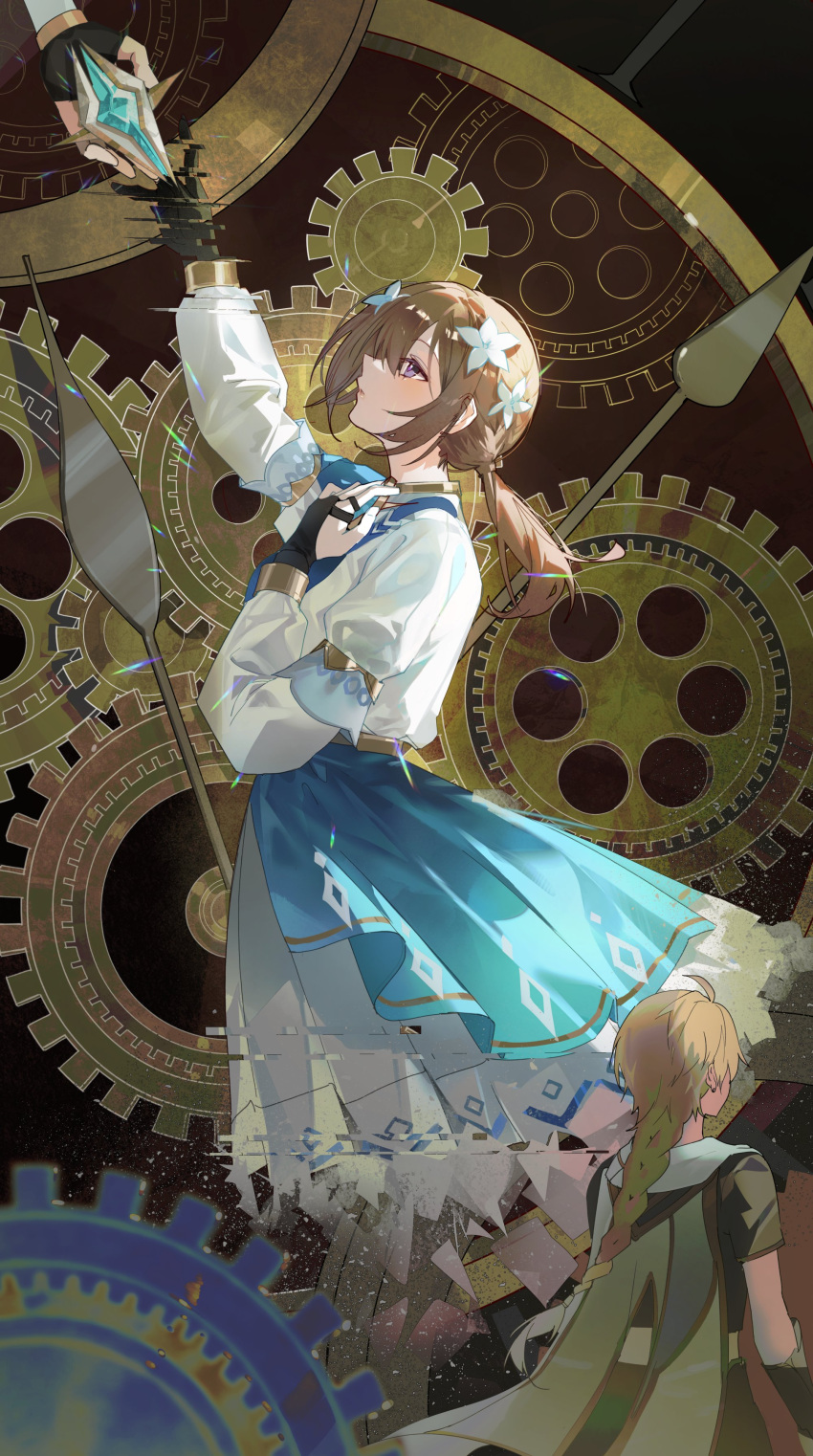 1boy, 1girl, absurdres, aether_(genshin_impact), black_gloves, blonde_hair, blue_dress, braid, bridal_gauntlets, brown_hair, buri_(retty9349), direidyth_(genshin_impact), dress, flower, gears, genshin_impact, gloves, hair_flower, hair_ornament, highres, long_hair, low_ponytail, ponytail, scarf, single_braid, two-tone_dress, violet_eyes, white_dress, white_flower, white_scarf