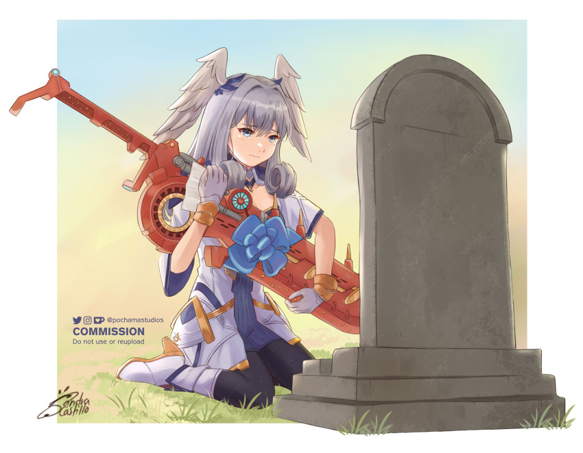 1girl, absurdres, artist_name, black_pantyhose, border, commentary, commission, curly_hair