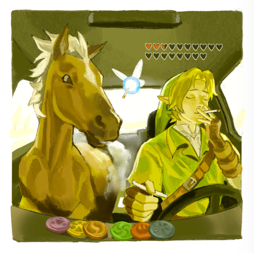 1boy, belt, blonde_hair, border, brown_gloves, car_interior, closed_eyes, commentary, dadith, earrings, english_commentary, epona, facing_viewer, fairy, fingerless_gloves, gloves, green_hat, hat, heart_container, highres, horse, jewelry, link, male_focus, pointy_ears, sitting, smoking, steering_wheel, the_legend_of_zelda, white_border