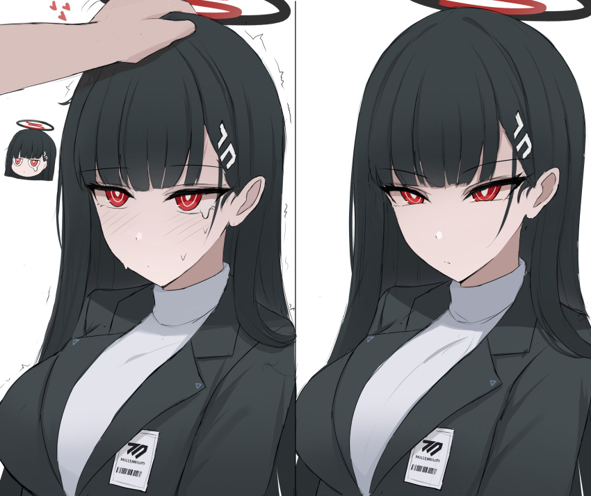 1girl, black_hair, black_halo, blue_archive, blush, bright_pupils, halo, headpat