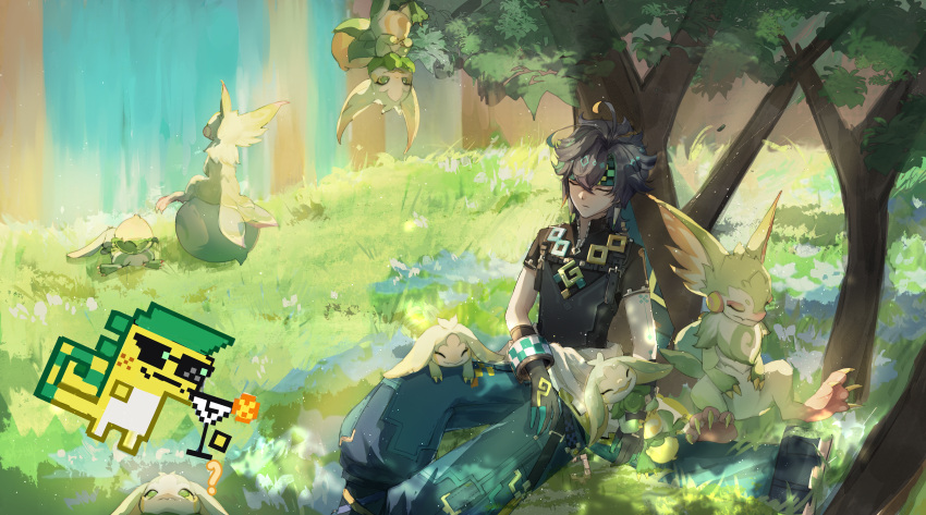 1boy, ?, absurdres, against_tree, ahoge, ajaw_(genshin_impact), aqua_pants, baggy_pants, black_gloves, black_hair, black_shirt, bracelet, checkered_headband, chinese_commentary, cliff, closed_eyes, closed_mouth, collared_shirt, commentary_request, crossed_bangs, day, feet_out_of_frame, flower, genshin_impact, gloves, grass, green_headband, hair_between_eyes, headband, high_collar, highres, jewelry, kinich_(genshin_impact), light_frown, light_particles, male_focus, meng_qiao, outdoors, pants, shirt, short_hair, short_sleeves, sleeping, solo, sunlight, tree, under_tree, water, waterfall, white_flower, yumkasaurus_(genshin_impact), zipper, zipper_pull_tab
