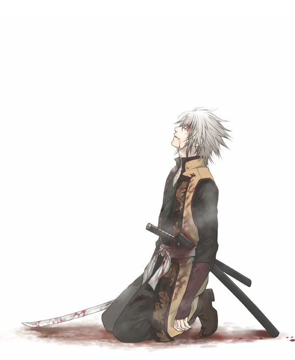 blood, closed_eyes, eyes_closed, hakuouki_shinsengumi_kitan, kneeling, male, minato_(robin), okita_souji_(hakuouki)