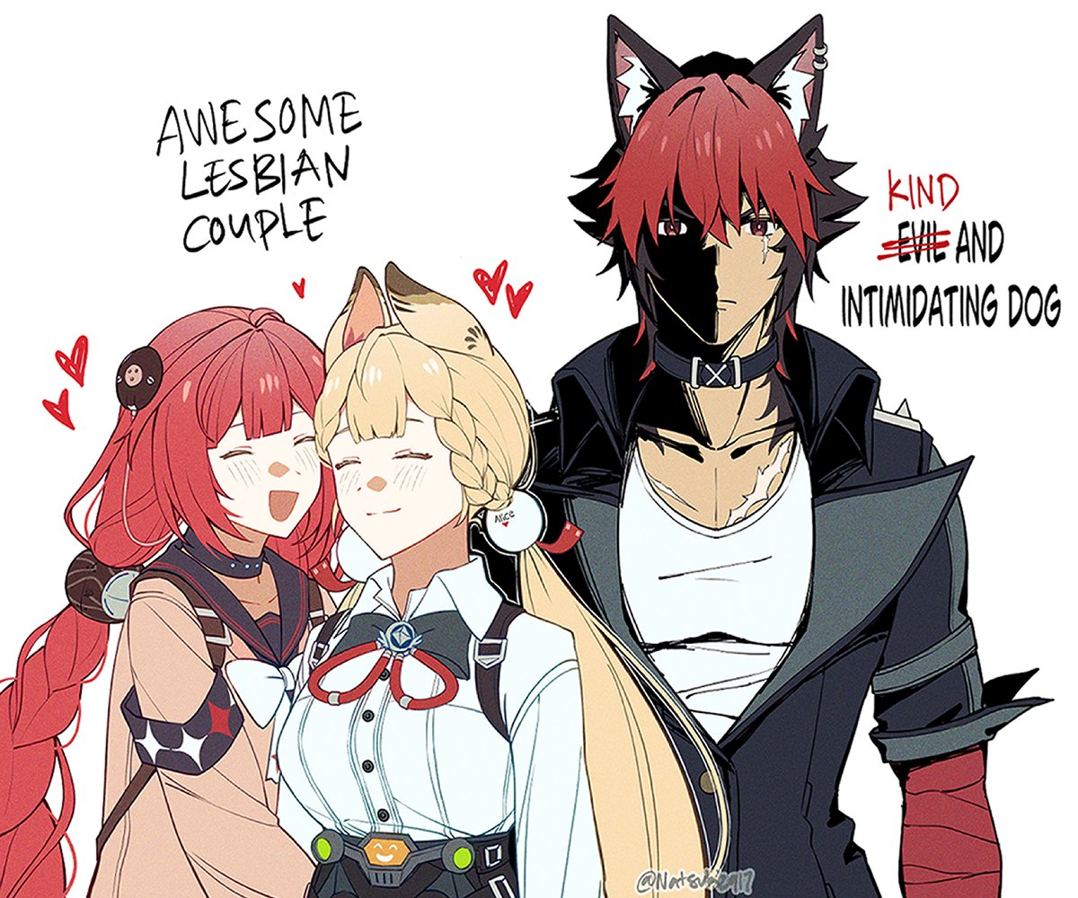 1boy, 2girls, alice_thymefield, animal_ear_fluff, animal_ear_piercing, animal_ears, awesome_lesbian_couple_(meme), black_choker