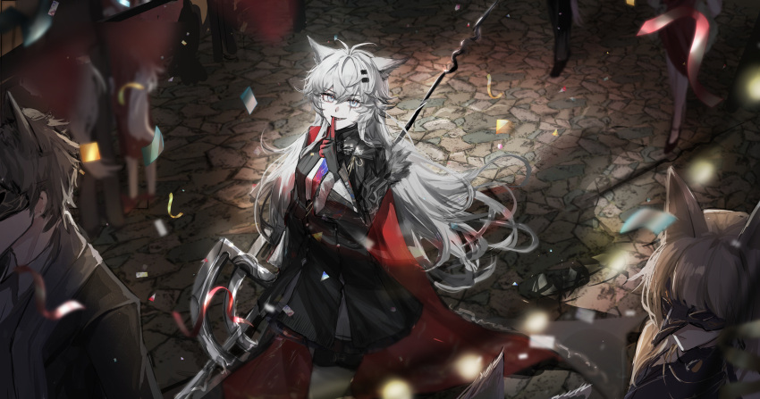 1girl, absurdres, antenna_hair, arknights, black_gloves, black_jacket, black_shorts, black_skirt
