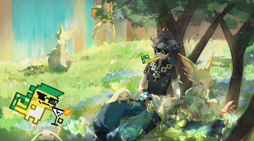 1boy, ?, absurdres, against_tree, ahoge, ajaw_(genshin_impact), aqua_pants, baggy_pants