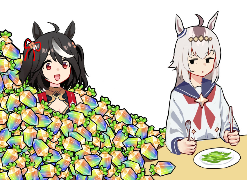 2girls, :d, ahoge, animal_ears, black_eyes, black_hair, blue_sailor_collar, brown_hair