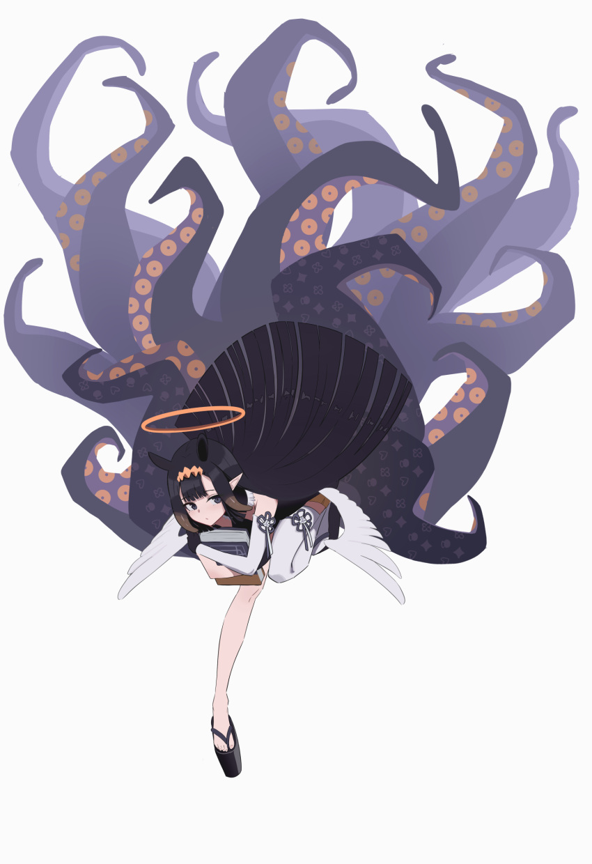 1girl, ao-chan_(ninomae_ina'nis), asymmetrical_legwear, black_shoes, blunt_ends, book, center-flap_bangs, feathered_wings