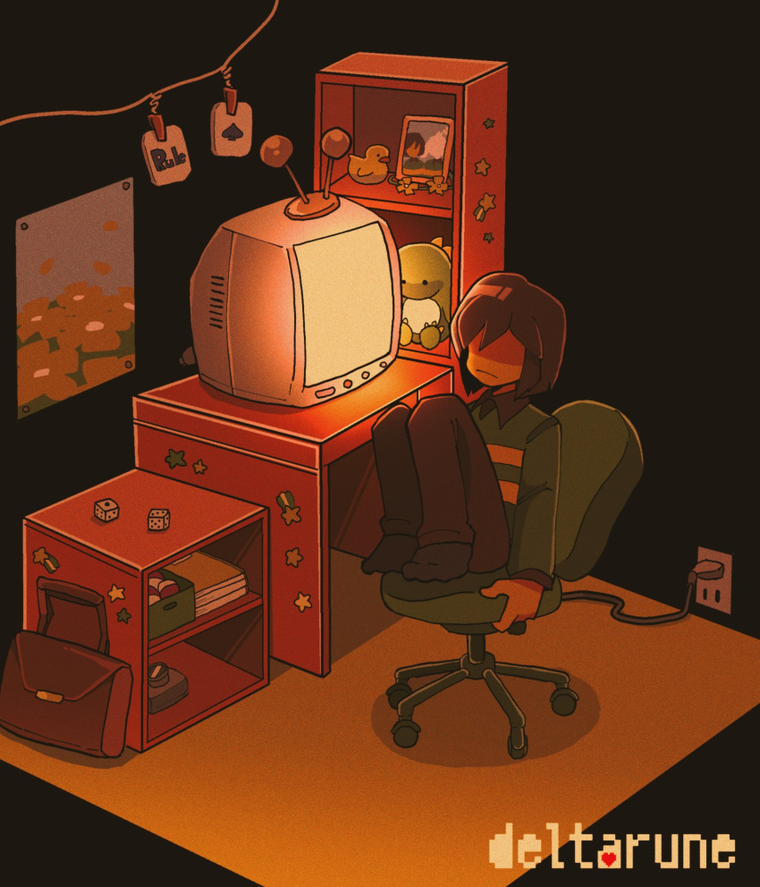 1other, brown_hair, cable, card, chair, collared_shirt, crt, deltarune, highres, kris_(deltarune), on_chair, pants, playing_card, shio_tou, shirt, socks, sticker, stuffed_animal, stuffed_toy, sweater