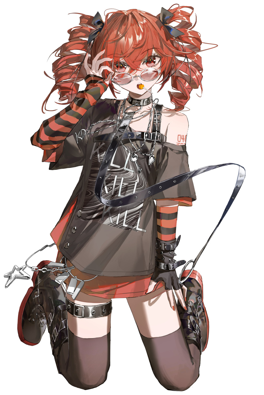 absurdres, adjusting_eyewear, alternate_costume, arm_at_side, arm_warmers, armpit_crease, belt, black_arm_warmers, black_belt, black_boots, black_gloves, black_ribbon, black_shirt, black_thighhighs, boots, candy, crossed_bangs, drill_hair, feijiu, fingerless_gloves, food, glasses, gloves, hair_between_eyes, hair_ribbon, hand_up, highres, jewelry, kasane_teto, kneehighs, kneeling, lollipop, looking_at_viewer, looking_over_eyewear, mouth_hold, necklace, number_tattoo, red_arm_warmers, red_hair, red_nails, red_skirt, red_tattoo, ribbon, round_eyewear, shirt, shoulder_tattoo, single_bare_shoulder, skirt, socks, striped_arm_warmers, tattoo, teeth, thigh-highs, transparent_background, twin_drills, twintails, upper_teeth_only, utau