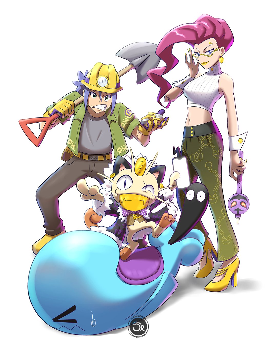 1boy, 1girl, animal_ears, blue_eyes, bottle_cap, cat_ears, cosplay, crossover, donkey_kong_(series), donkey_kong_bananza, flute, full_body, gold_teeth, green_eyes, green_jacket, grey_shirt, grumpy_kong, grumpy_kong_(cosplay), high_heels, highres, holding, holding_flute, holding_instrument, holding_phone, holding_shovel, instrument, jacket, jessie_(pokemon), looking_at_viewer, meowth, midriff, mining_helmet, navel, phone, pokemon, pokemon_(anime), pokemon_(creature), poppy_kong, poppy_kong_(cosplay), purple_hair, rotom, rotom_phone, sergiromero, shirt, shoes, shovel, sweatdrop, team_rocket, void_kong, void_kong_(cosplay), wobbuffet, yellow-framed_eyewear, yellow_lips, yellow_shoes