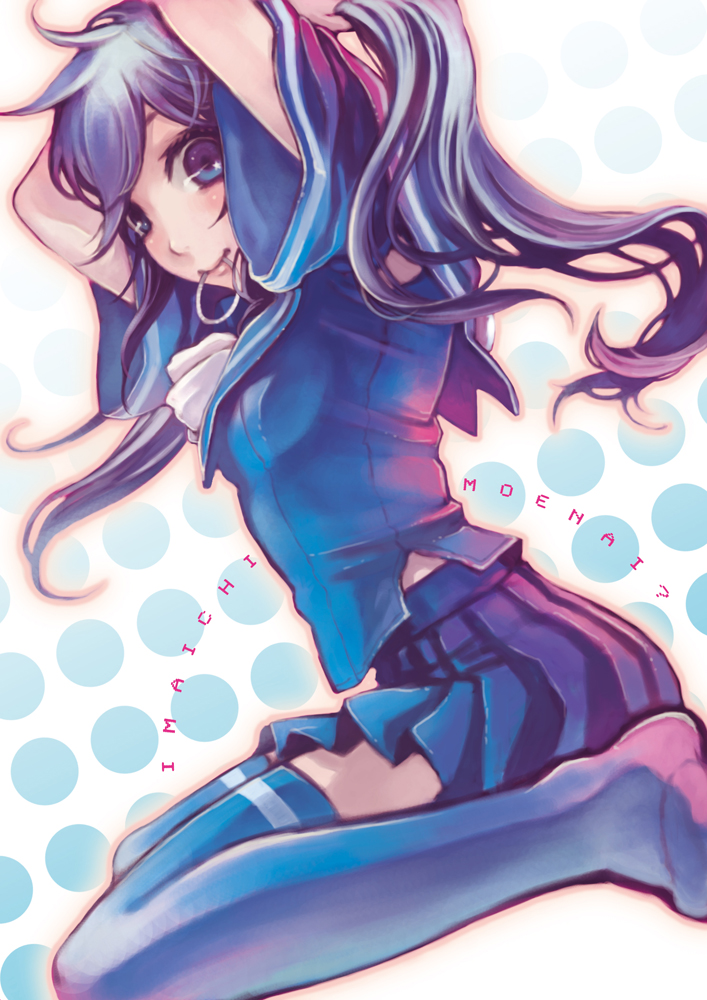 adjusting_hair, arms_up, binky_(knooa_03), blue_eyes, blue_hair, dutch_angle, imaichi_moenai_ko, kobe_shinbun, long_hair, mouth_hold, school_uniform, sitting, skirt, solo, thigh-highs, thighhighs, wariza, zettai_ryouiki