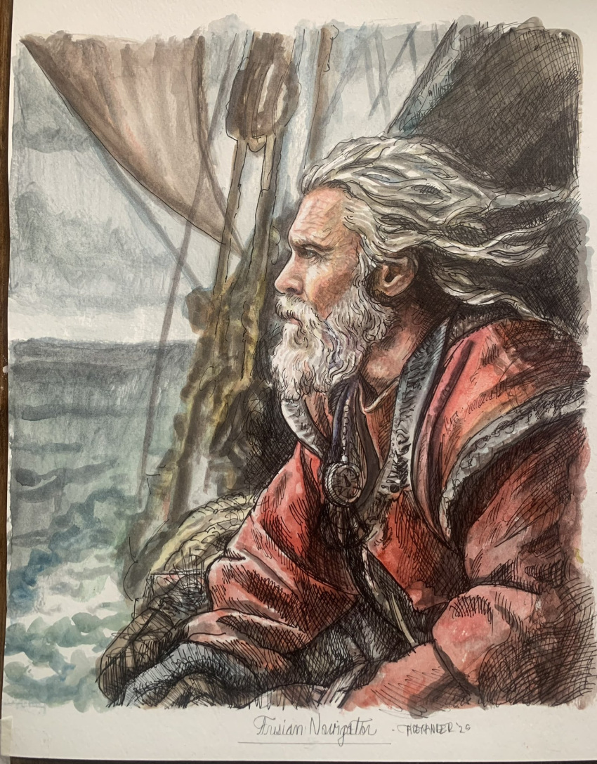 1boy, artist_name, blue_eyes, colin_alex35207, compass, from_side, fur_trim, grey_beard, grey_hair, highres, medium_hair, ocean, oera_linda, old, red_shirt, rigging, sail, sailing, sailing_ship, shirt, solo, traditional_media