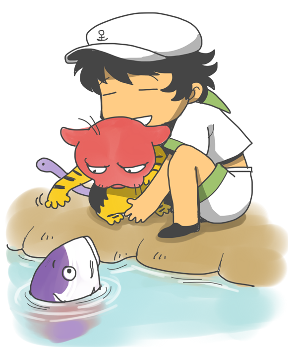 1girl, anchor_symbol, black_hair, black_shoes, carp, closed_eyes, commentary_request, fish