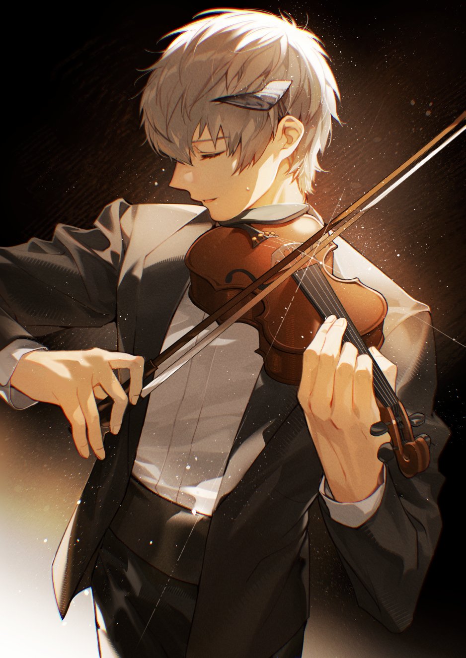 1boy, alternate_costume, arms_up, black_jacket, black_pants, black_suit, bow_(music), closed_eyes, commentary, cowboy_shot, english_commentary, formal_clothes, grey_hair, highres, holding, holding_bow_(music), holding_instrument, holding_violin, horns, instrument, jacket, layered_sleeves, lirica, long_sleeves, male_focus, metaphor:_refantazio, open_clothes, open_jacket, pants, parted_lips, shirt, shirt_tucked_in, short_hair, single_horn, smile, solo, standing, strohl_(metaphor:_refantazio), suit, suit_jacket, violin, white_shirt