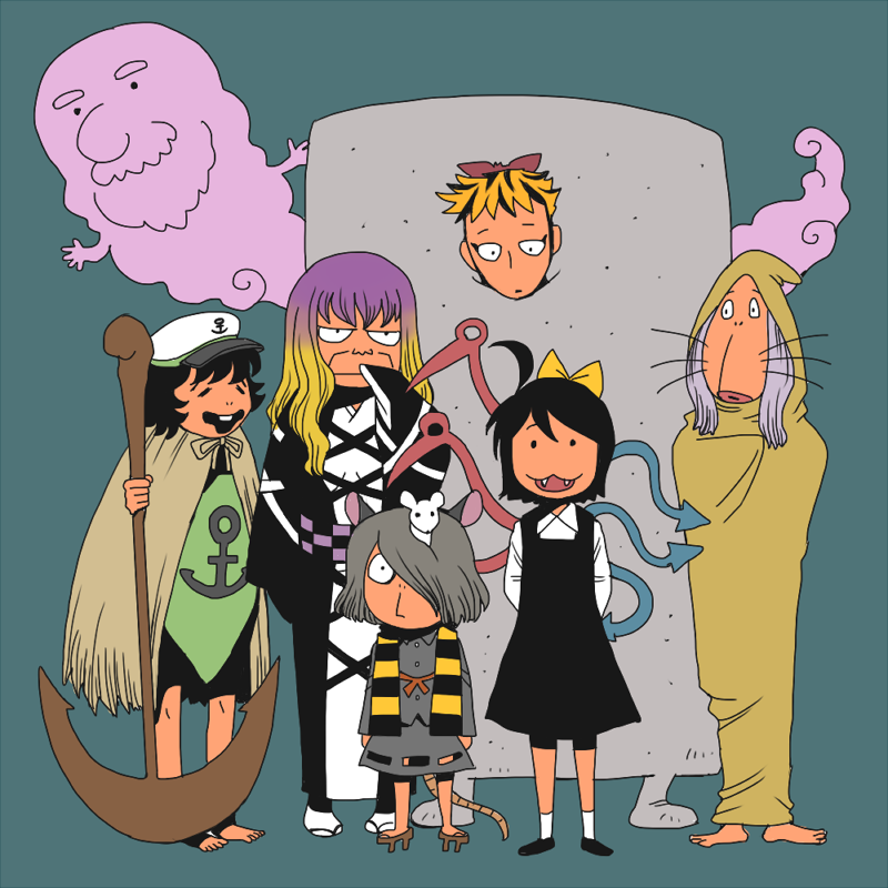 1boy, 6+girls, :3, anchor, anchor_symbol, animal_ears, asymmetrical_wings, black_dress