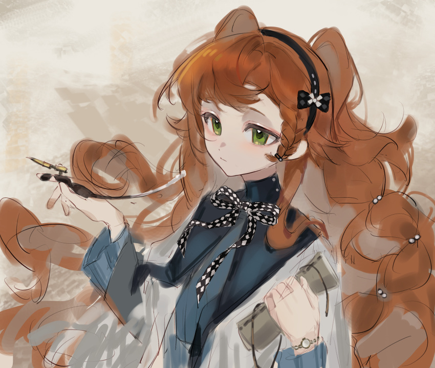 1girl, black_bow, black_hairband, blue_dress, bow, braided_sidelock, brown_background, capelet